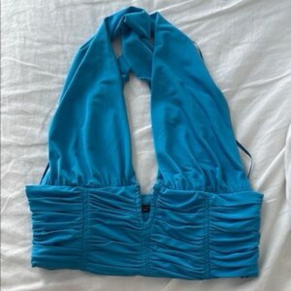 Zara Blue Ruched Crop Cross Back Top Size Small